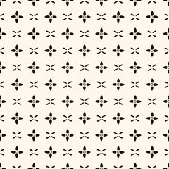 A monochrome pattern of black crosses creating symmetry and parallel lines on a white background. The visual art consists of circles and rectangles in a seamless design