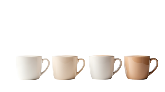 A lineup of ceramic coffee cups, each filled to the brim with steaming brew, ready for a cozy morning ritual on transparent background