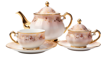 A delicate tea set featuring a saucer and a cup on a table on transparent background