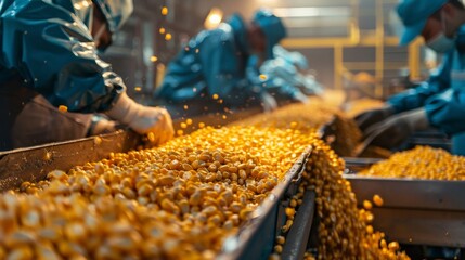 Workers bagging processed corn in a factory setting, focusing on the efficiency and cleanliness of the operation.