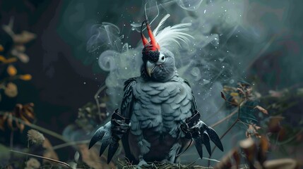 Fototapeta premium Demonic Cockatiel with Claw Gloves in Moody Magical Atmosphere
