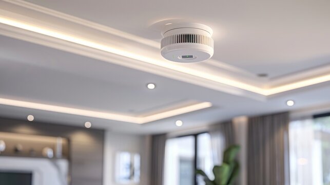 A 3D rendering of a smoke detector mounted on the ceiling for fire safety.