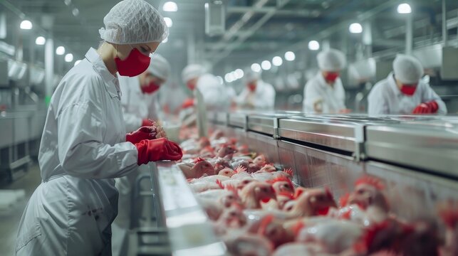 Workers in a modern poultry processing plant, handling freshly slaughtered chickens with care, showcasing the hygiene and precision of the production process.