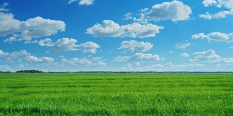 Obraz premium A vast expanse of vibrant green grass stretches out under a clear blue sky