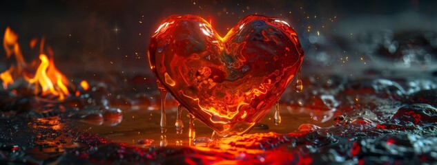 A molten heart sculpture, glowing and dripping with fiery passion, symbolizing the intensity of love  