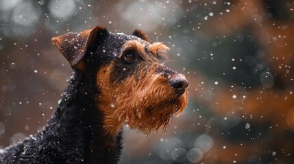 A dog looks upwards as snowflakes gently descend upon its face, capturing a moment of innocence and curiosity in the crisp air
