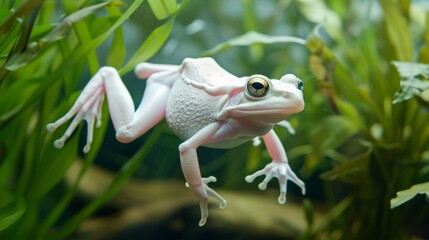 A pristine white frog with striking black eyes swimming amidst vibrant green aquatic plants, a serene natural moment