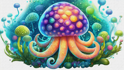 oil painting style CARTOON CHARACTER CUTE baby Luminous  luminous jellyfish  in deep sea,