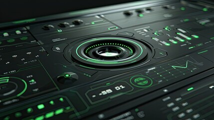 Obraz premium The image shows a close-up of a spaceship control panel. The panel is made of dark metal and has a number of buttons, switches, and lights.