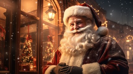 Magical Christmas background with Santa Claus. Winter fairytale style. Holiday celebration concept.