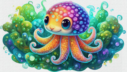 oil painting style CARTOON CHARACTER CUTE baby Luminous  luminous jellyfish  in deep sea,