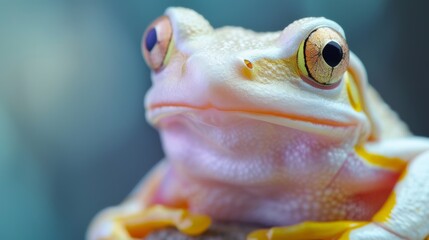 Capturing the solemn gaze of a pale yellow tree frog, this image emphasizes the amphibian's expressive eyes