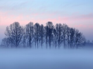 Panoramic landscape of a misty forest at dawn, the silhouettes of trees emerging from the fog, evoking a sense of calm isolation