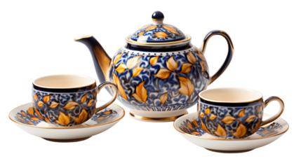 A beautifully designed tea set featuring a delicate teapot and two elegant cups resting on a table on transparent background