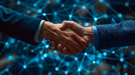 Deal. business man shaking hands with effect global network link connection and graph chart of stock market graphic diagram, digital technology, internet communication, teamwork, partnership concept	
