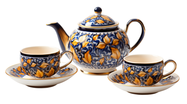 A beautifully designed tea set featuring a delicate teapot and two elegant cups resting on a table on transparent background