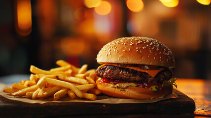 Fresh tasty burger and fries on the table and on a dark background.