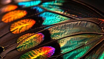 A photorealistic image of a butterfly wing, highlighting the vibrant scales with shimmering iridescence  