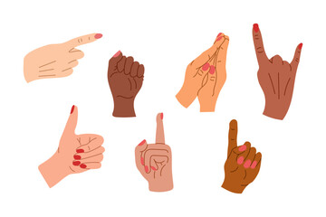 Diversity hand gestures flat set. Signs, expressions with pointing fingers, OK symbol, praying palms. Vector doodle illustrations isolated on white background