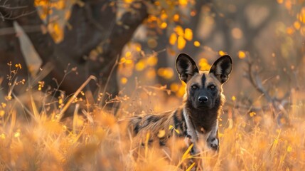 An African wild dog calmly stands amidst tall golden grasses during the warm light of golden hour