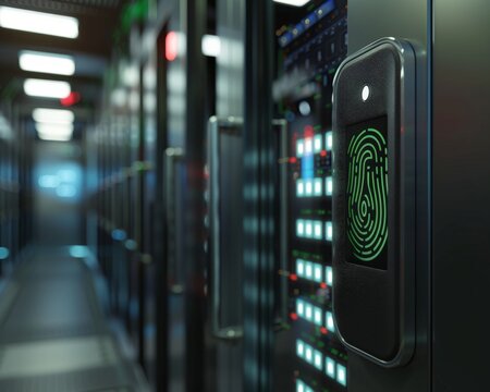 A photorealistic image of a data center server with a fingerprint scanner as an additional layer of security for sensitive information  