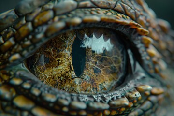 A photorealistic image of a lizards eye, showcasing the detailed scales and intricate iris patterns  