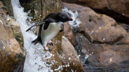Fototapeta premium This action-packed shot captures an Adelie penguin diving into the water from a rocky outcrop, causing a splash
