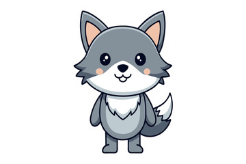 A cartoonish gray fox with a smile on its face