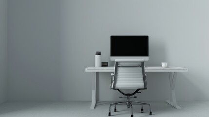 A photorealistic image of a minimalist workspace A sleek desk with a single computer and a comfortable chair occupies the center of the room The only other visible object is a cup of coffee  