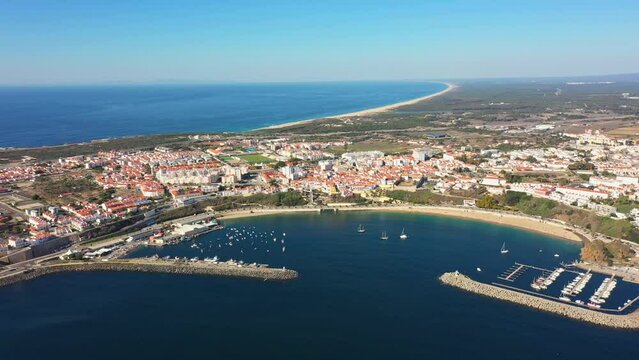 Aerial panorama of the city of Sines, Setubal Alentejo Portugal. Aerial view of old town fishing port.