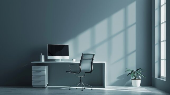 A photorealistic image of a minimalist workspace A sleek desk with a single computer and a comfortable chair occupies the center of the room The only other visible object is a cup of coffee  