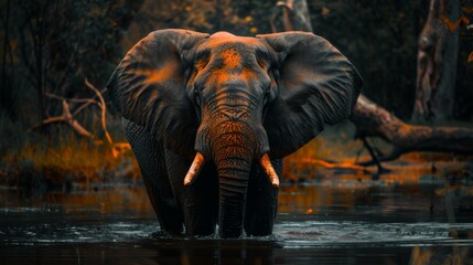 A powerful and soulful image of an African elephant bathing in a waterhole within a dense forest ambiance