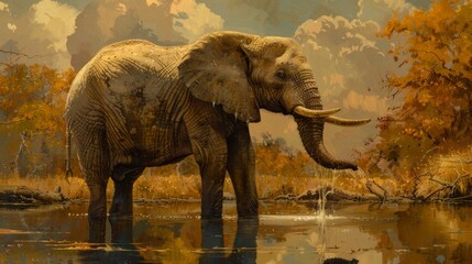 An exquisite depiction of a wild elephant surrounded by the rich colors of autumn foliage and the tranquility of a river
