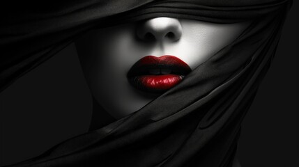 Minimalistic black background with a female face partially hidden by a dark cloth.