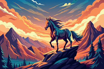 A horse is standing on a rocky mountain top
