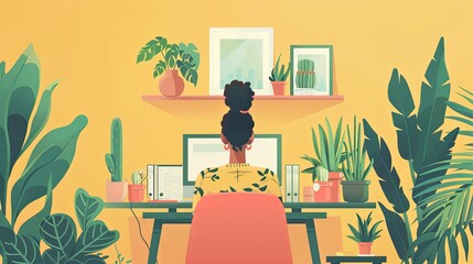 Fototapeta premium woman at desk surrounded by succulents, tech illustration