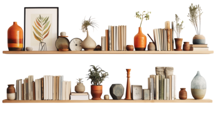 A couple of shelves adorned with a myriad of books and vases on transparent background