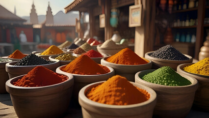 An exotic spice market with a variety of colorful spices in traditional containers under the open...