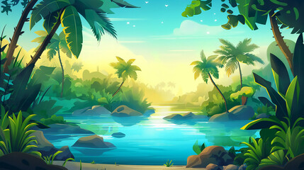Fototapeta na wymiar Cartoon tropical jungle forest swamp or lake landscape isolation background, Illustration