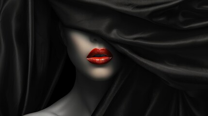 Minimalistic black background with a female face partially hidden by a dark cloth.