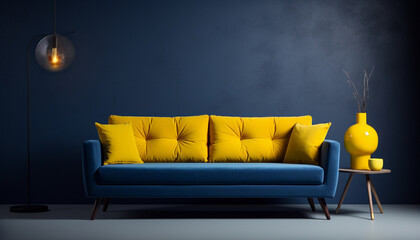 Dark blue smooth sofa model with long yellow cushi