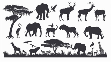 A diverse collection of African wildlife including elephants, giraffes, and birds in a stylized silhouette form