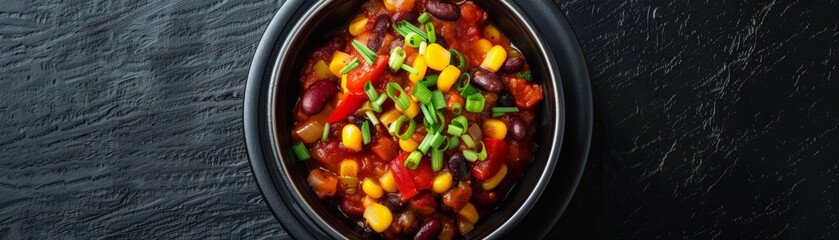 A single serving of vegetarian chili in a black bowl Black beans, kidney beans, corn, and colorful bell peppers create a vibrant visual, topped with a sprinkle of chopped green onions  