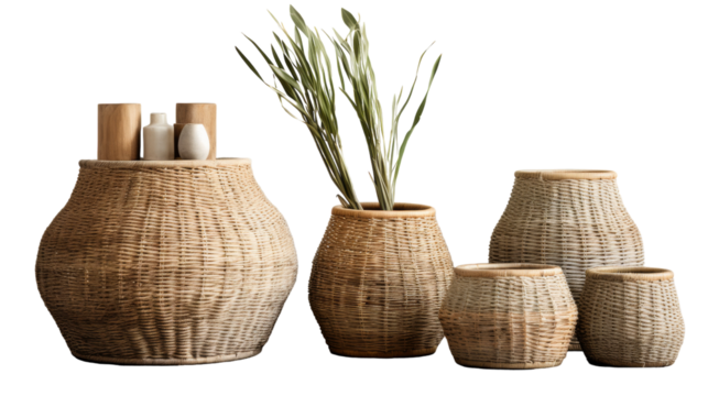 A collection of uniquely shaped vases, each filled with vibrant green plants, creating a harmonious and refreshing display on transparent background