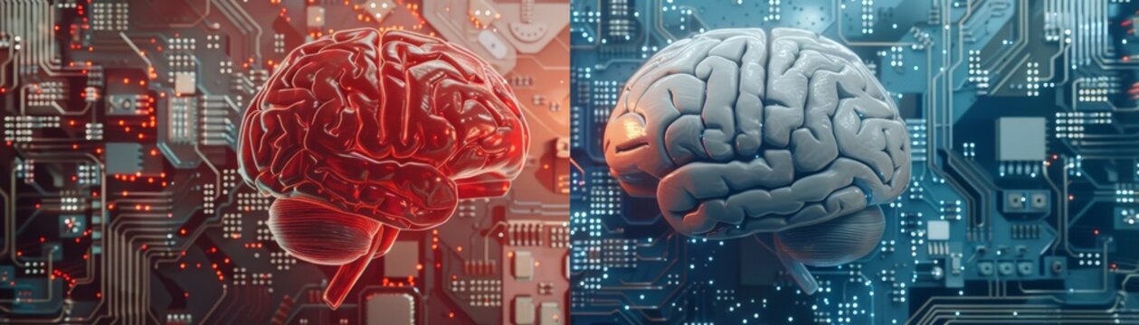 A split image contrasting a human brain and a computer chip, emphasizing the comparison between biological and artificial intelligence  