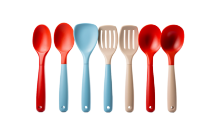 A set of five red and blue utensils displayed in an elegant arrangement on transparent background