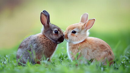 Two adorable bunnies sharing a tender kiss on a green field.