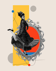 Beautiful young woman in Victorian dress i dynamic pose dancing inside classic decorative frame on light background with abstract elements. Contemporary art. Concept of creativity, comparison of eras