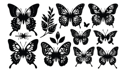 Flying Butterfly silhouette set. Vector monochrome illustration on transparent background.