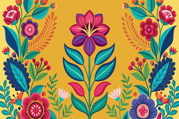 A colorful floral design with a yellow background